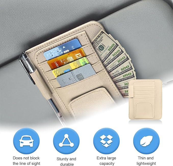 Augeny Car Sun Visor Organizer, Small Auto Visor Organizer and Storage, Registration and Document Holder, Vehicle Accessories for Sunglasses, Document, Card, Pen, Driver License (Beige)