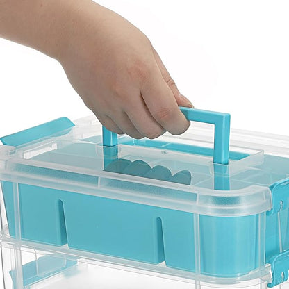 JUXYES 4-Tiers Stack Carry Storage Box With 2 Divided Tray, Transparent Stackable Storage Bin With Handle Lid Latching Storage Container for School & Office Supplies, Blue