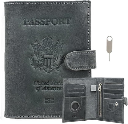 CONTACTS Full Grain Leather Passport Holder with Airtag Slot RFID Blocking Passport Wallet for Men Travel Passport Cover with SIM Card Removal Tool (Badge, Gray)