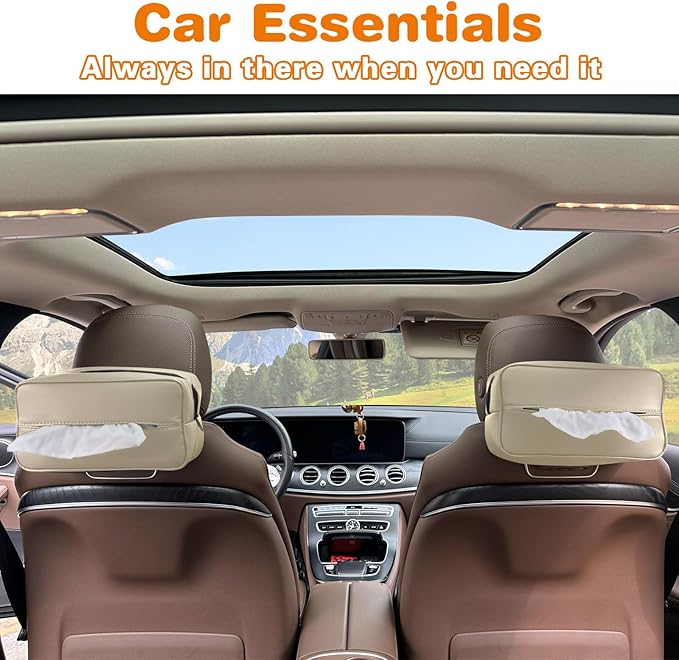 Witaxima Large Car Tissue Holder for 120 Standard Tissues, Premium PU Leather Tissue Holder in Car Backseat Rectangular, Napkin Holder for Car Fits for Kleenex Tissues Box Daily Use Black (2, Beige)