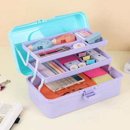 Sewing Box, 3-Layer Craft Organizers Portable Folding Toolbox, Plastic Tool Box with Handle for Sewing Supplies, Medicine, Art Supplies, Nails and Hair Accessories 12.5inch