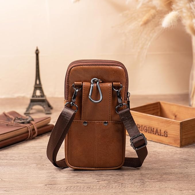 Hengwin Genuine Leather Cell Phone Holster Wallet Case with Belt Clip Travel Messenger Bag Waist Pouch Crossbody Purse Fit for iPhone 17 Pro Max 16 Pro Max 15 Pro Max Samsung Galaxy S25 Ultra (Brown)