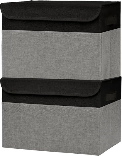 Bagnizer Large 42 Quarts Fabric Storage Bins with Lids [2-Pack] Linen Collapsible Foldable Storage Cubes, Closet Organizer Containers boxes with Handles for Home Office (16.7 x 12 x 12, Black & Gray)