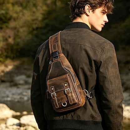 Genuine Leather Hiking Travel DayPack Sling Crossbody Triangle Chest Pack Bag For Men Women 8241 (Brown 258204)