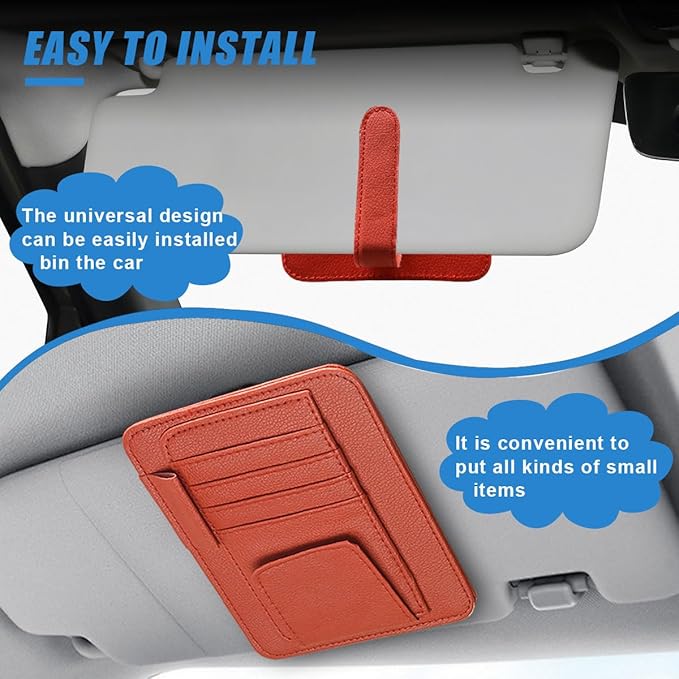 Small Leather Car Sun Visor Organizer - Multifunctional Car Interior Sunglass Holder Auto Visor Document Holder - Auto Card Sleeve Pocket Pouch Organizer for Driving License Registration Pen (Red)