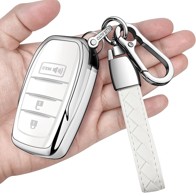 Sindeda for Toyota Key Fob Cover with Metal Keychain & Leather Strap for 2025-2026 Camry 4 Runner 2019-2026 Venza, Land Cruiser,2023-2026 Tacoma Grand Highlander,Corolla,bZ4X,3-Buttons(White)