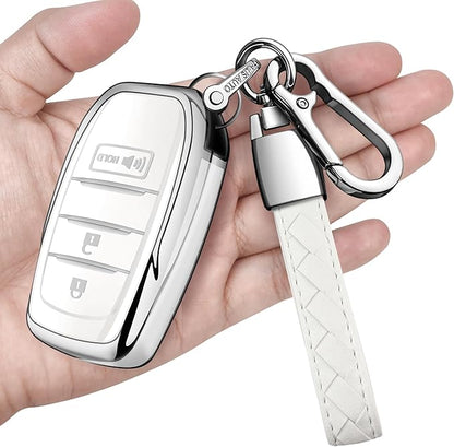 Sindeda for Toyota Key Fob Cover with Metal Keychain & Leather Strap for 2025-2026 Camry 4 Runner 2019-2026 Venza, Land Cruiser,2023-2026 Tacoma Grand Highlander,Corolla,bZ4X,3-Buttons(White)