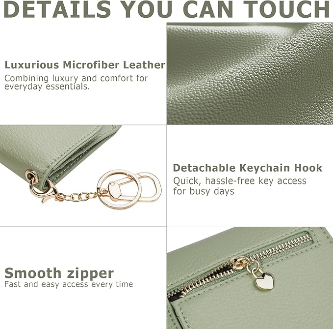 Women Small Wallet RFID Blocking Slim Wallet with Coin Pocket Tri-Fold Credit Card Holder with ID Window and Keychain(Light Green)