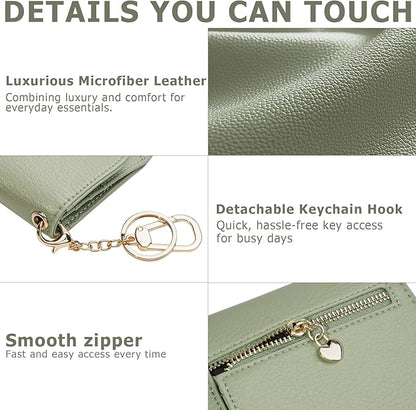 Women Small Wallet RFID Blocking Slim Wallet with Coin Pocket Tri-Fold Credit Card Holder with ID Window and Keychain(Light Green)