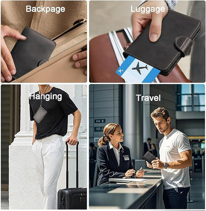 Genuine Leather Passport Holder for Travel - Rfid Passport Wallet with Hidden AirTag Slot, 2 Card Slots,for Men & Women & Family - Button Bifold Hidden Airtag Slot Style,Black