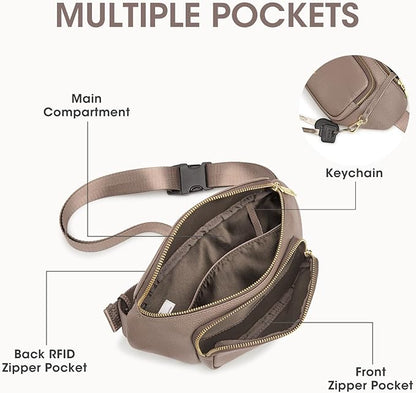 Kattee Fanny Packs for Women, Leather Crossbody Bags for Women Trendy, Small Belt Bag,Fashion Waist Packs with RFID Blocking, Khaki