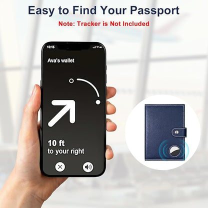 Genuine Leather Passport Holder for Travel, RFID Blocking Passport Wallet with Tracker Holder, Slim Passport Cover Travel Wallet for Women Men, Airport Essentials (Blue)
