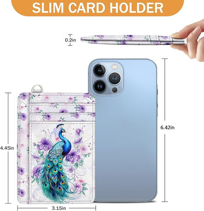 Yonlevres Credit Card Holder Slim Wallet, Peacock RFID Wallet Women Front Pocket Small Card Holder, Cute Travel Thin RFID Blocking Card Organizer Card Case ID Window PU Leather Girl Ladies