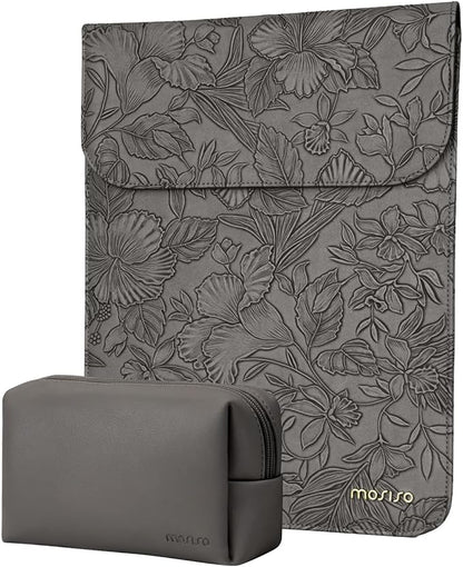 MOSISO Laptop Case 13 inch, 13 inch Laptop Sleeve Compatible with MacBook Air M4 M3 M2 M1 2025-2018 / Pro M2 M1 2025-2016, Embossed Retro Hibiscus PU Leather Case with Small Bag, Gray