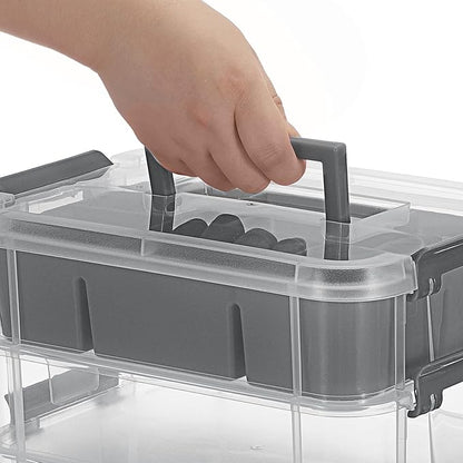 JUXYES 4-Tiers Stack Carry Storage Box With 2 Divided Tray, Transparent Stackable Storage Bin With Handle Lid Latching Storage Container for School & Office Supplies, Gray