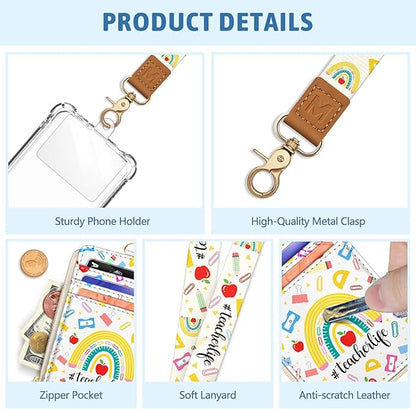 Piefly Cute Rainbow Teacher Lanyard Wallet with ID Badge Holder, Small RFID Wallet Women Keychain Wristlet, Slim Credit Card Holder with Zipper Pocket Phone Lanyard Wrist Strap Name Tag Office Gift