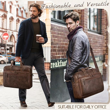 RAINSMORE Mens Laptop Bag 16 Inch Leather Briefcase Vintage Messenger Bag for Men Large Crossbody Shoulder Office Computer Bag Retro College Satchel Bag for Work, Business,Travel, Dark Brown