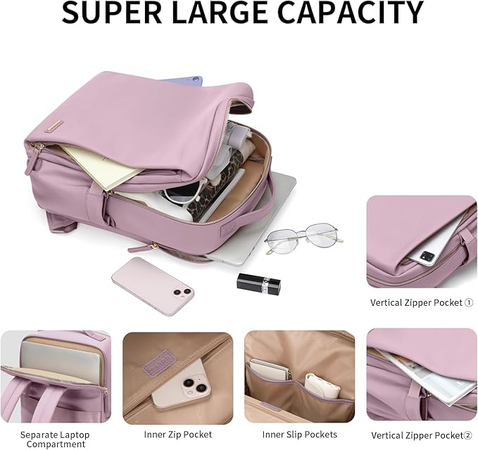 GOLF SUPAGS Stylish Laptop Backpack for Women Airline Approved Perfect for Work College and Travel Multi-Functional Casual Daypack Fits 15.6 Inch Notebook (Pinkish Purple)