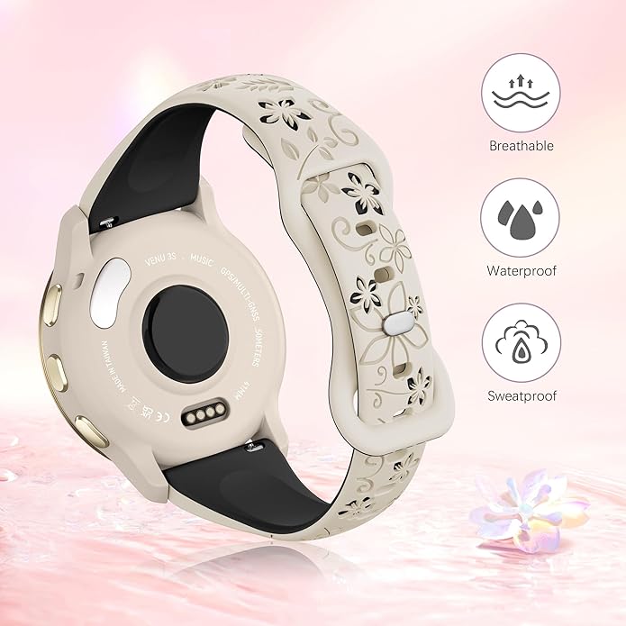 Laband 18mm Floral Engraved Band Compatible With Garmin Venu 3S 41mm/Venu 2S/Vivoactive 4S/Vivomove 3S/Venu 4 41mm/Forerunner 255S/Forerunner 265S,Soft Slim Silicone Cute Embossed Flower Strap for Men