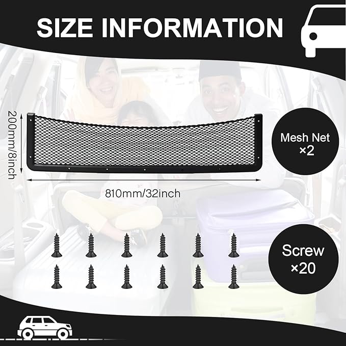 Frienda 2 Pcs Car Storage Net Bag, ABS Plastic Framed Mesh Net Holder, Phone & Cargo Organizer with Screws for Auto, Rv, Boat, Truck Pocket Storage (32 x 8 Inch)
