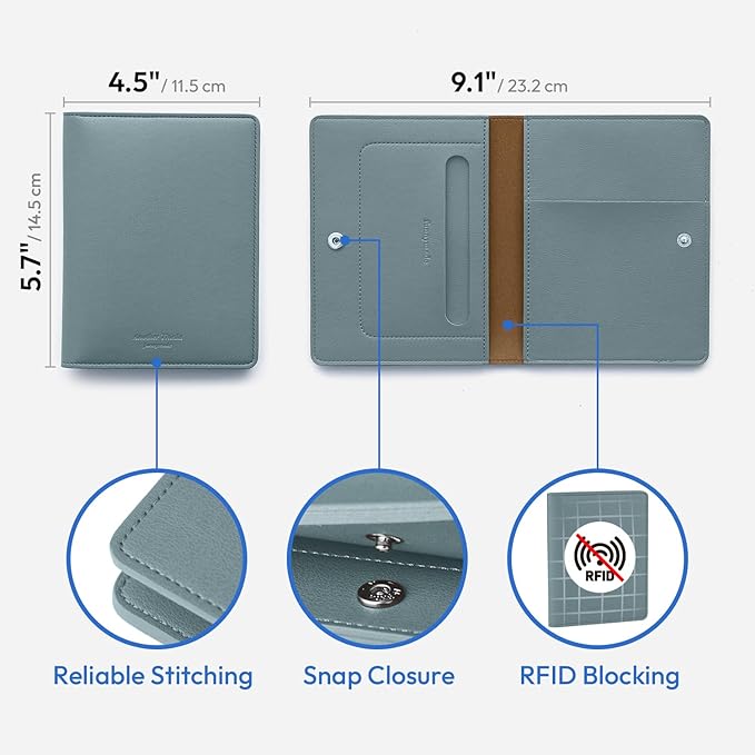 carrotez Family Travel Document Organizer – Premium RFID Blocking Leather Passport Holder & Wallet for 2 Passports, Cards, Boarding Passes & Travel Essentials – Fog Blue