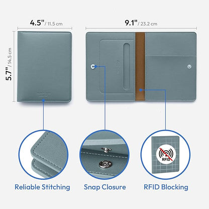 carrotez Family Travel Document Organizer – Premium RFID Blocking Leather Passport Holder & Wallet for 2 Passports, Cards, Boarding Passes & Travel Essentials – Fog Blue
