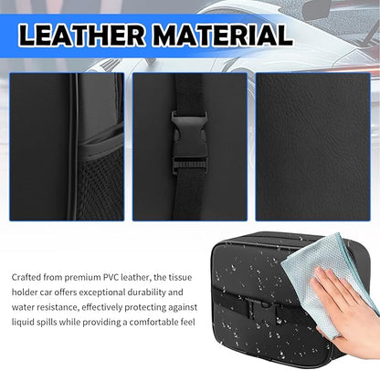 Leather Car Tissue Holder,Upgraded Large Capacity Car Tissue Box Cover with Side Mesh Pockets & Zipper,Foldable Tissues Holder in Cars for Sun Visor & Headrest Organizer