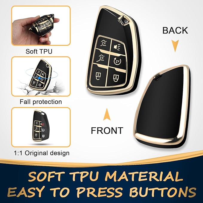 QBUC for Chevy Key Fob Cover with Keychain Soft TPU Protection Case Compatible with 2021-2026 Chevy Tahoe Suburban GMC Yukon Denali Silverado 6-Buttons(Gold Trim Black)
