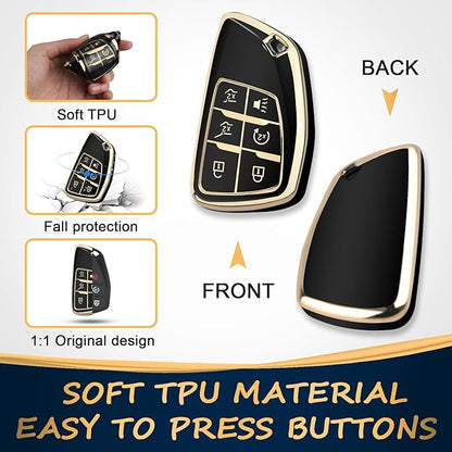QBUC for Chevy Key Fob Cover with Keychain Soft TPU Protection Case Compatible with 2021-2026 Chevy Tahoe Suburban GMC Yukon Denali Silverado 6-Buttons(Gold Trim Black)