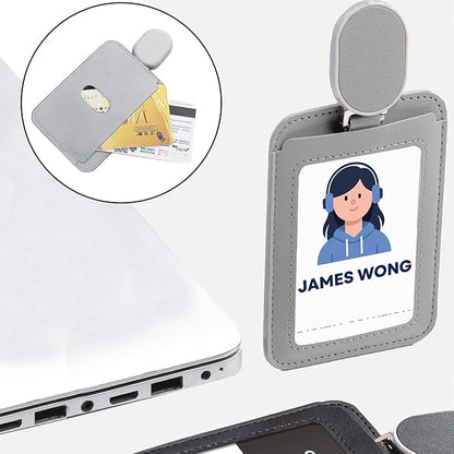 Larpur Retractable Badge Holder, PU Leather Work ID Card Holder Case for School Office, Horizontal/Vertical Key Card Credit Card Holders with Badge Reel Lanyard (Gray)