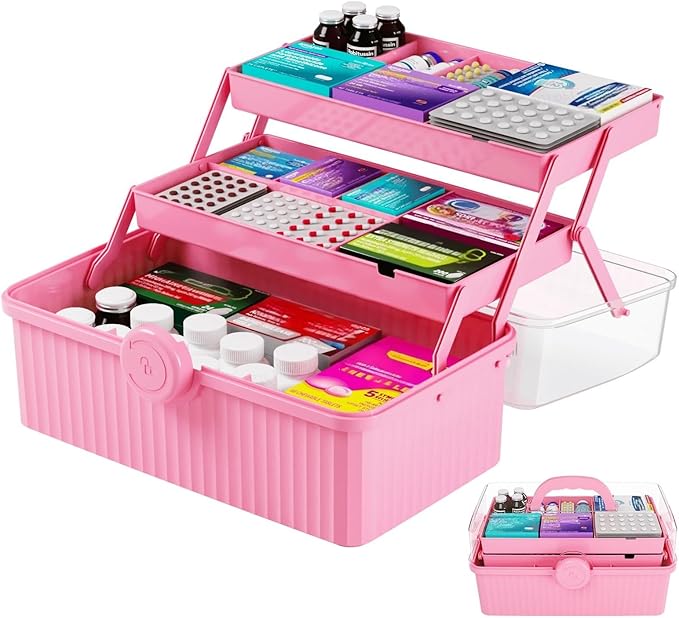 Yieach Plastic Sewing Box Organizer With Handle- Portable Multi-Purpose Sewing Storage Organizer for Cabinet,Pink Medicine Container Storage and Tool Boxes or Accessory and Craft Carrying Case