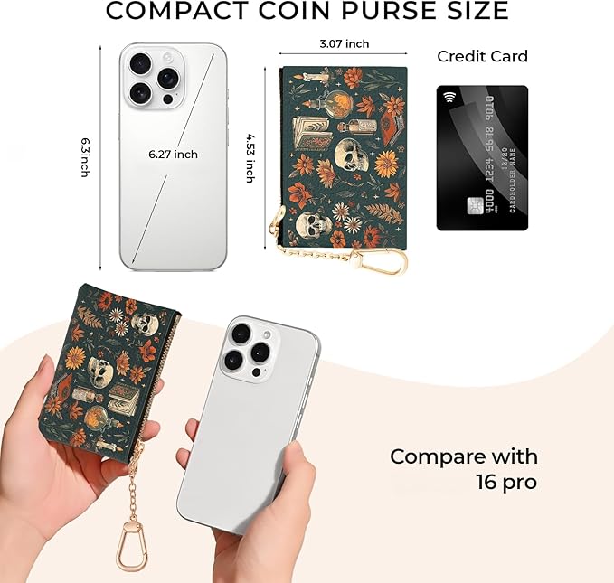 Halloween Goth Skull Keychain Coin Purse for Women, Vintage Gothic Skeleton Flower Book Small PU Leather Change Pouch, Zipper Little Tiny Travel Girls Wallet, Zip Pocket Key Ring Coin Holder