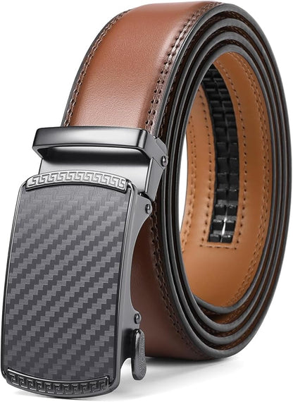 SENDEFN Men's Leather Belt Automatic Ratchet Buckle Slide Belt for Dress Casual Trim to Fit with Gift Box