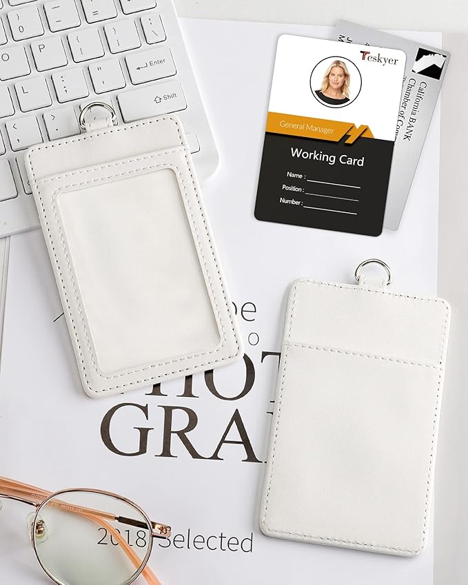 Teskyer Badge Holder with Lanyard, Leather ID Name Badge Card Holder with Lanyard for ID Badges, Vertical, Starry White