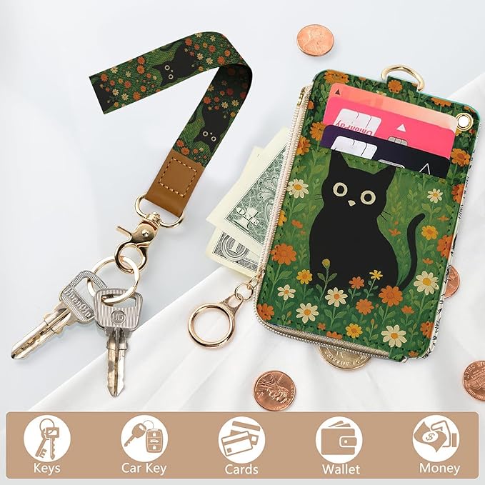 bolimoss Black Cat Lanyard Wallet with ID Badge Holder Cute Daisy Small Zipper Credit Card Holders with Breakaway Wristlet & Neck Lanyard, RFID Leather ID Name Badg for Teacher Nurse Women Work