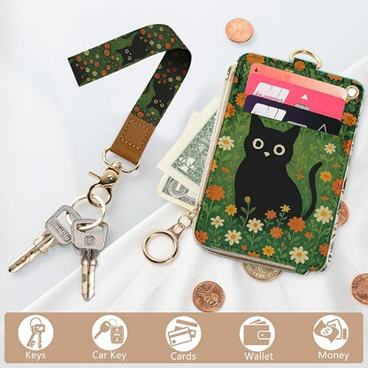 bolimoss Black Cat Lanyard Wallet with ID Badge Holder Cute Daisy Small Zipper Credit Card Holders with Breakaway Wristlet & Neck Lanyard, RFID Leather ID Name Badg for Teacher Nurse Women Work