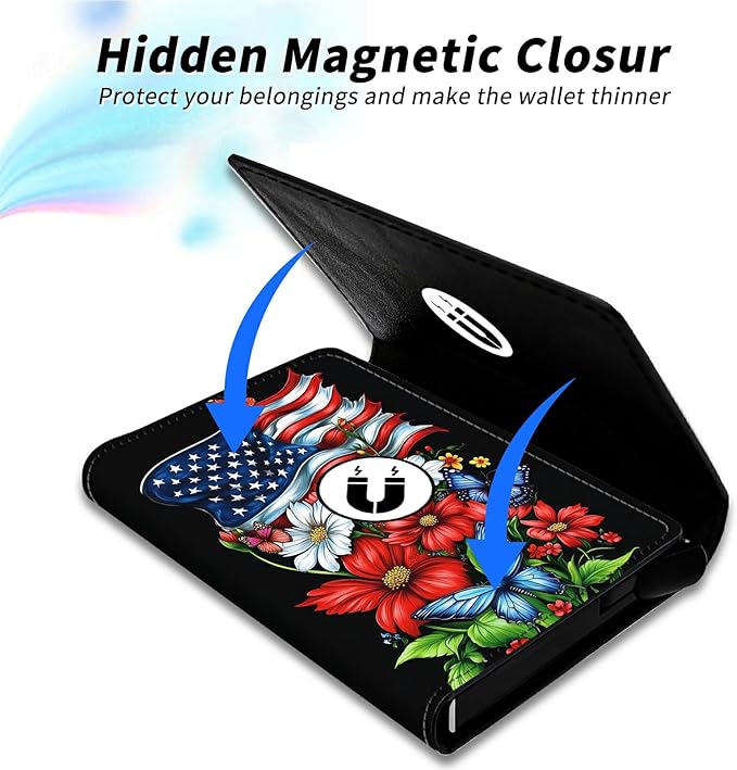 Minimalist Wallet for Men's Card Holders, Pop-Up Card Case Wallets for Women, Leather Automatic Credit Card Holder with Metal Money Clip RFID Blocking Bifold Pocket, National Flag Red Flowers
