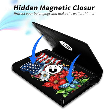 Minimalist Wallet for Men's Card Holders, Pop-Up Card Case Wallets for Women, Leather Automatic Credit Card Holder with Metal Money Clip RFID Blocking Bifold Pocket, National Flag Red Flowers