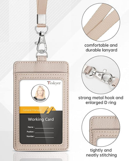 Teskyer Badge Holder with Lanyard, Leather ID Name Badge Card Holder with Lanyard for ID Badges, Vertical, Lychee Pattern Beige