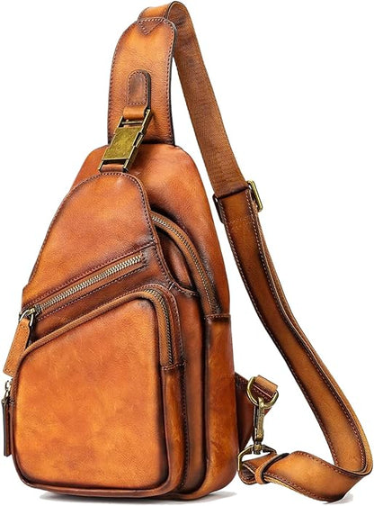 NIUCUNZH Genuine Leather Sling Bag Front Metal-Latch Crossbody Bags Handmade Vintage Chest Shoulder Backpack for Women Men