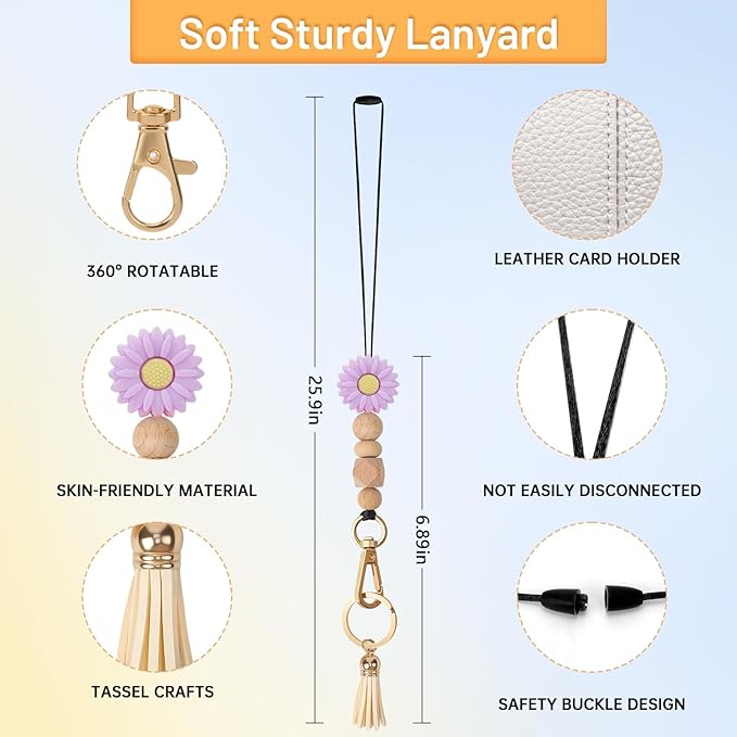 Teacher Lanyards for ID Badges - Teacher Lanyard with ID Holder, Purple Daisy Silicone Beaded Breakaway Leather Tassel Keychain Accessories, Appreciation Gifts for Women Employee(Pink Beige)