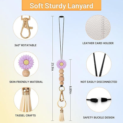 Teacher Lanyards for ID Badges - Teacher Lanyard with ID Holder, Purple Daisy Silicone Beaded Breakaway Leather Tassel Keychain Accessories, Appreciation Gifts for Women Employee(Pink Beige)