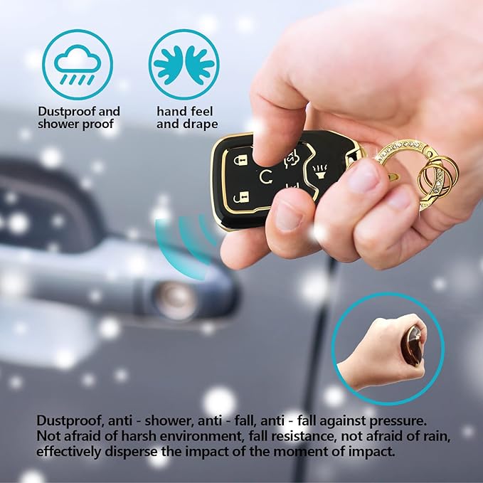 Soft TPU Key Fob Cover Case Shell Protector Key Cover Compatible with Chevy Chevrolet Suburban Tahoe GMC Terrain Yukon Yukon XL Car Key with Bling Keychain for Accessories (Black)