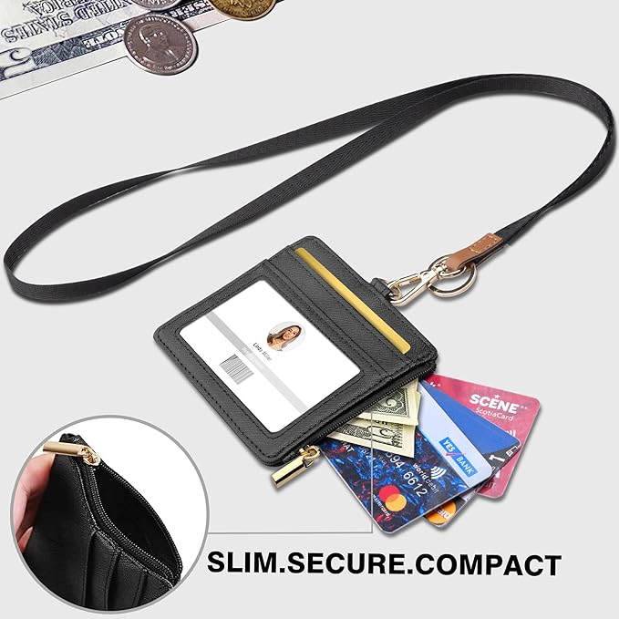 ID Badge Holder with Lanyard, Horizontal PU Leather ID Badge Card Holder with 1 Clear ID Window, 4 Credit Card Slots and a Detachable Neck Lanyard (Horizontal - Black)