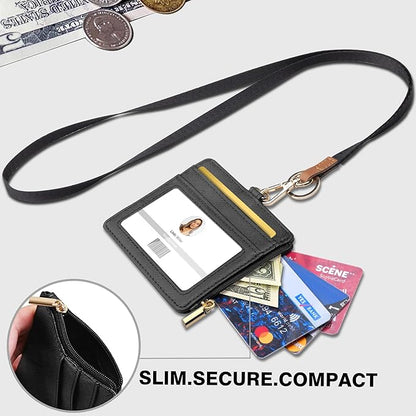 ID Badge Holder with Lanyard, Horizontal PU Leather ID Badge Card Holder with 1 Clear ID Window, 4 Credit Card Slots and a Detachable Neck Lanyard (Horizontal - Black)