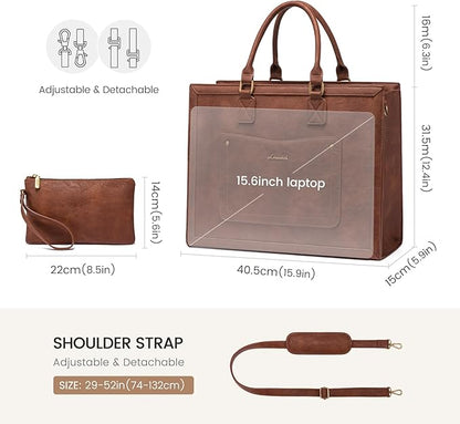 LOVEVOOK Laptop Tote Bag for Women, 15.6 Inch Work Bags, Vintage Leather Tote Bag, Waterproof Computer Bags with Clutch Purse, Large Capacity Messenger Bag for Teacher College Business Office