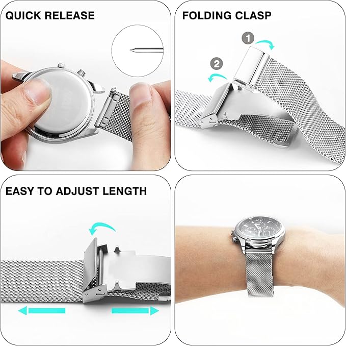 Stainless Steel Mesh Watch Band for Mens Women, Quick Release Mesh Watch Straps 18mm 20mm 22mm 24mm （22mm Silver）