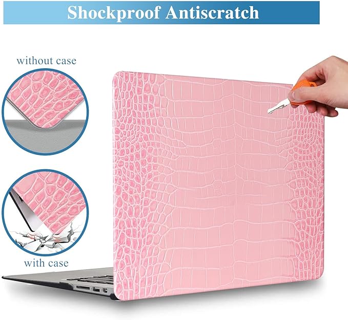 KEROM Compatible with Crocodile MacBook Pro 13 Inch Case 2026 2022-2016 M2 M1 A2338 A2289 A2251 A2159 A1989 A1706 A1708, Textured Aligator Skin Snakeskin PU Leather Hardshell & Keyboard Cover, Pink