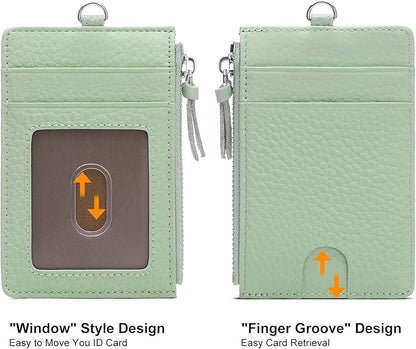 SENDEFN Retractable Badge Holder Wallet, Genuine Leather ID Card Holder with Removable Neck Lanyard Clasp, Five Card Slots, for Office Staff Women