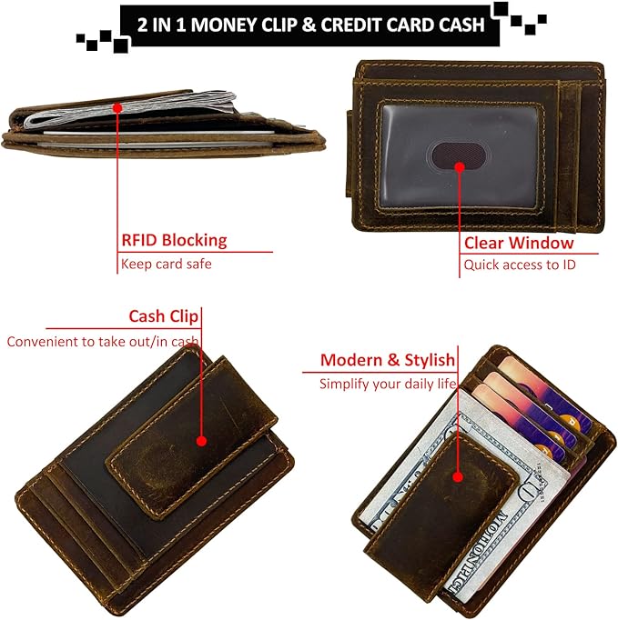 Money Clip RFID Front Pocket Wallet Men Leather Slim Minimalist Wallet
